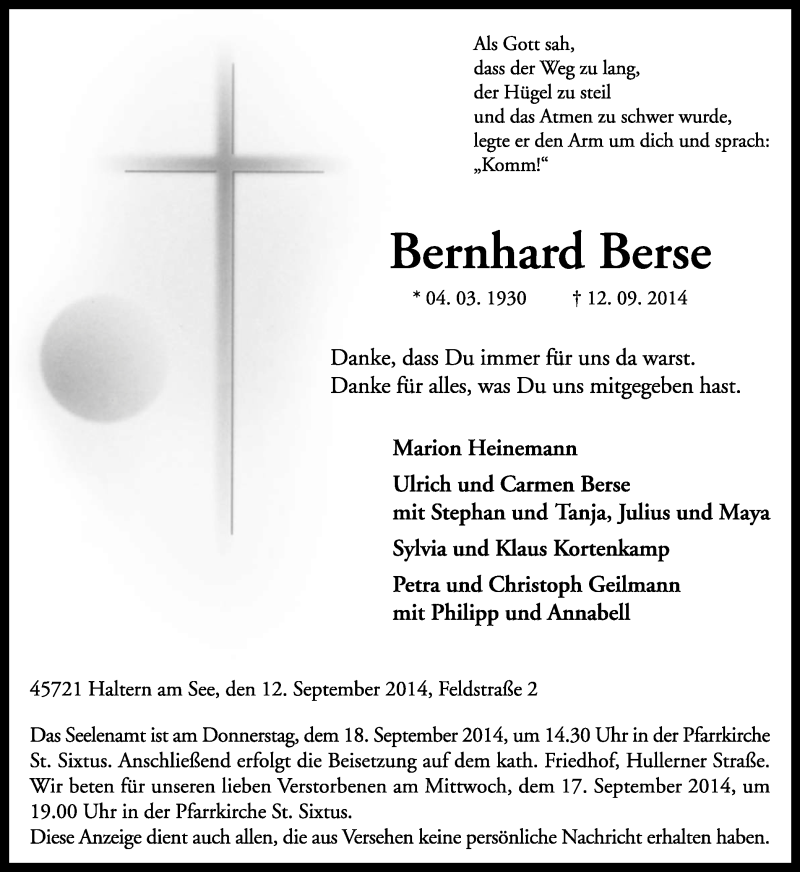  Traueranzeige für Bernhard Berse vom 15.09.2014 aus Ruhr Nachrichten und Halterner Zeitung