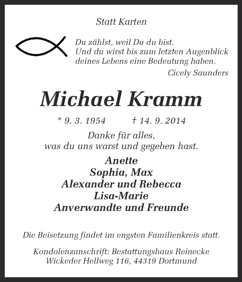  Traueranzeige für Michael Kramm vom 17.09.2014 aus Ruhr Nachrichten