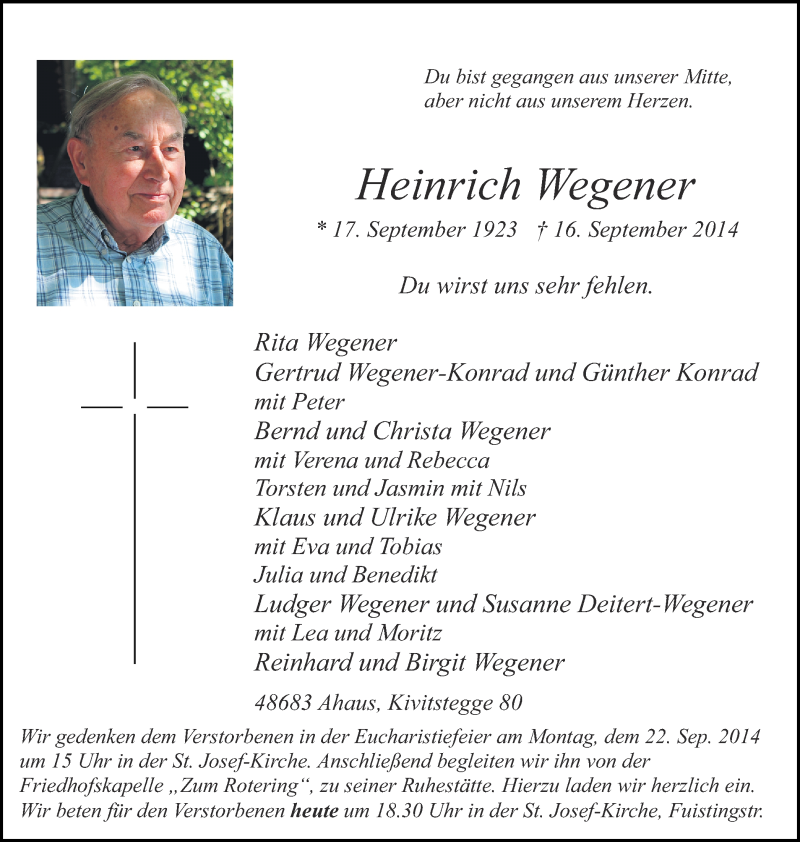  Traueranzeige für Heinrich Wegener vom 19.09.2014 aus Münstersche Zeitung und Münsterland Zeitung
