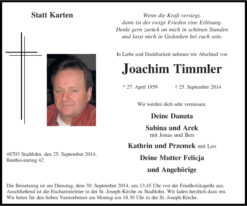  Traueranzeige für Joachim Timmler vom 27.09.2014 aus Münstersche Zeitung und Münsterland Zeitung