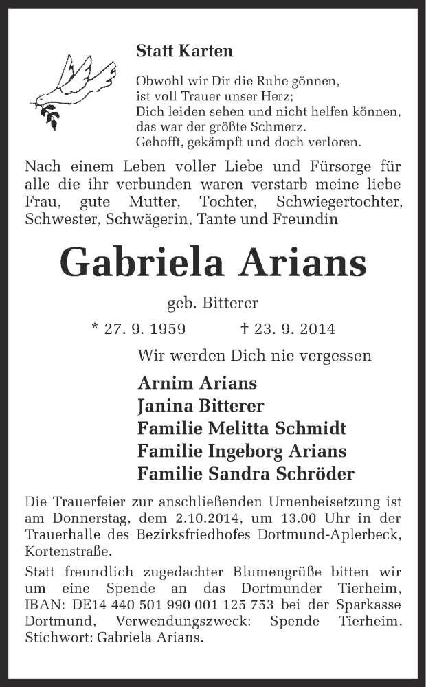  Traueranzeige für Gabriela Arians vom 27.09.2014 aus Ruhr Nachrichten