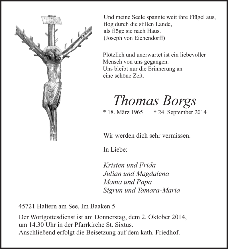  Traueranzeige für Thomas Borgs vom 30.09.2014 aus Ruhr Nachrichten und Halterner Zeitung