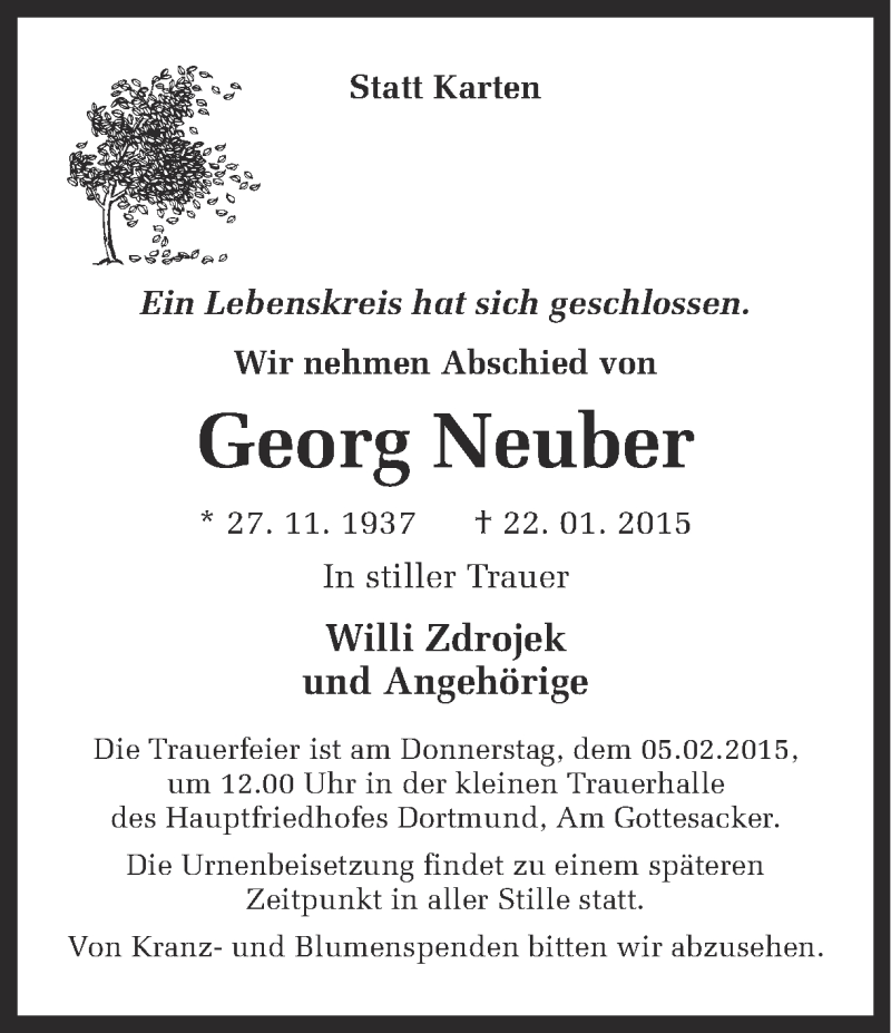  Traueranzeige für Georg Neuber vom 31.01.2015 aus Ruhr Nachrichten