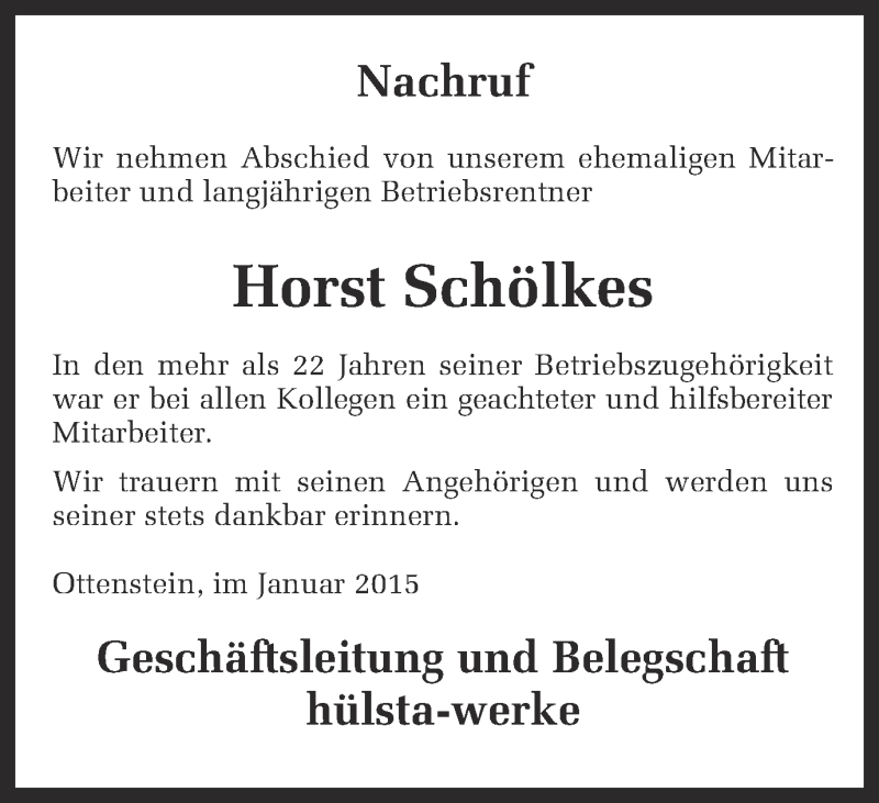  Traueranzeige für Horst Schölkes vom 28.01.2015 aus Münstersche Zeitung und Münsterland Zeitung