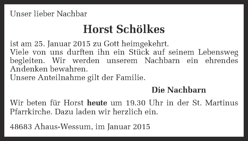  Traueranzeige für Horst Schölkes vom 28.01.2015 aus Münstersche Zeitung und Münsterland Zeitung