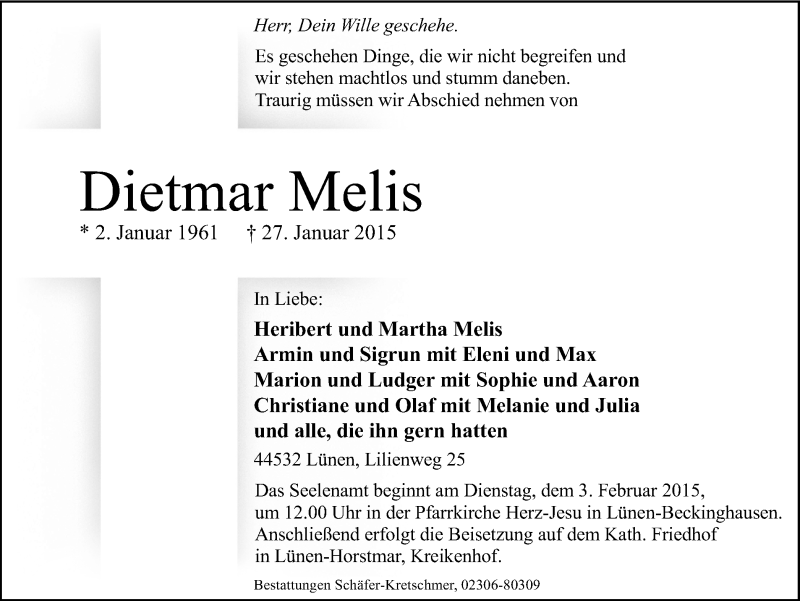  Traueranzeige für Dietmar Melis vom 31.01.2015 aus Ruhr Nachrichten