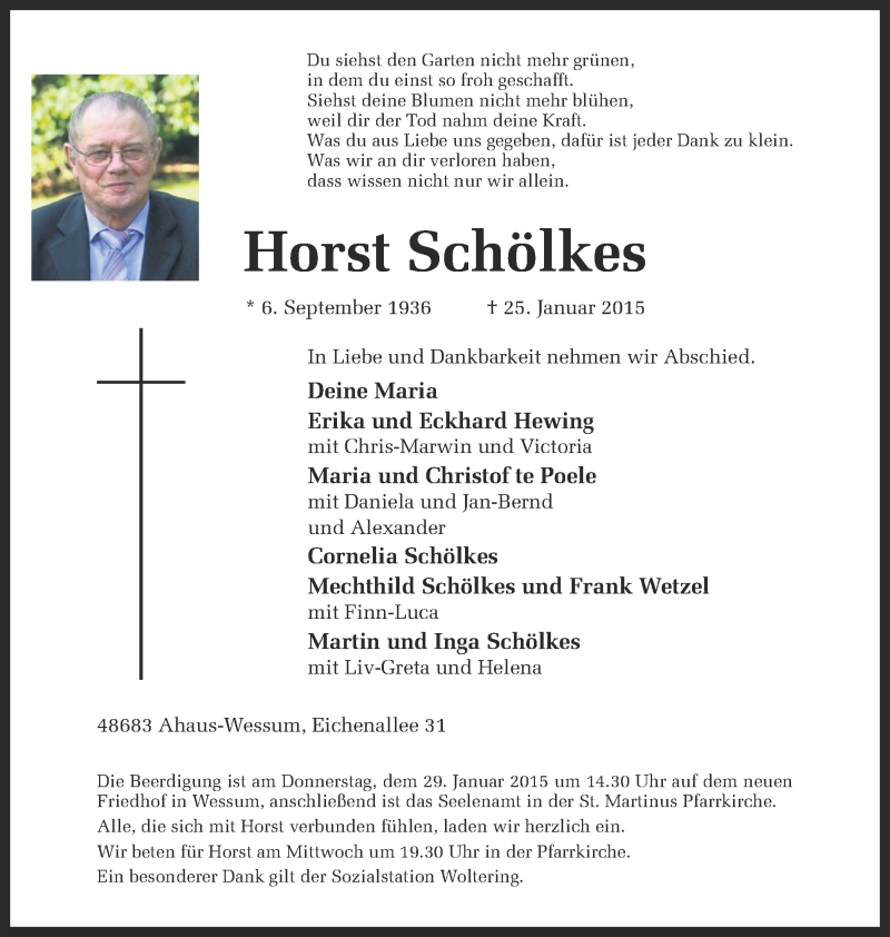  Traueranzeige für Horst Schölkes vom 27.01.2015 aus Münstersche Zeitung und Münsterland Zeitung