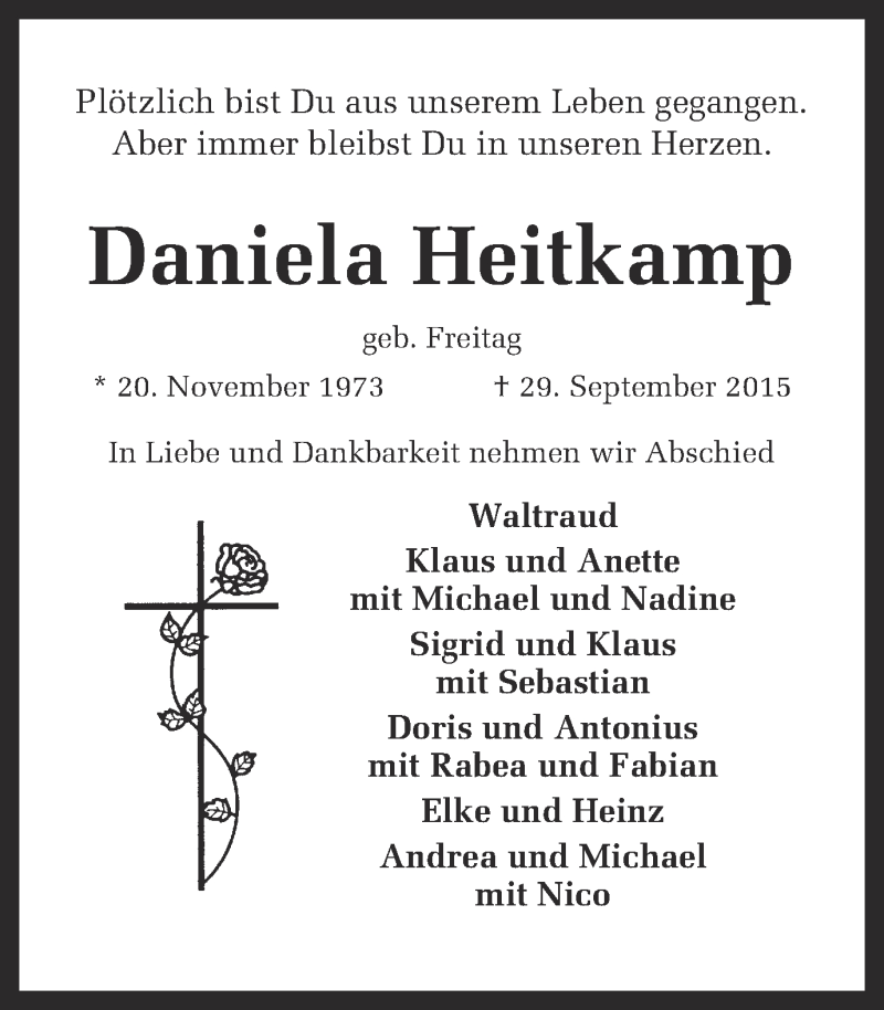  Traueranzeige für Daniela Heitkamp vom 03.10.2015 aus Ruhr Nachrichten