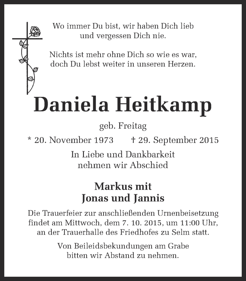  Traueranzeige für Daniela Heitkamp vom 03.10.2015 aus Ruhr Nachrichten