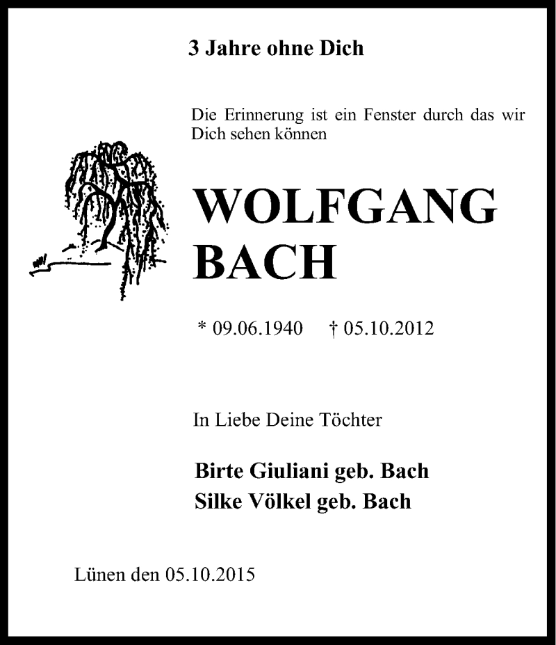  Traueranzeige für Wolfgang Bach vom 05.10.2015 aus Ruhr Nachrichten