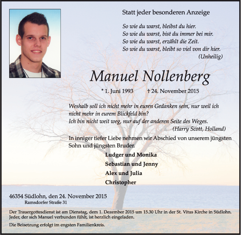  Traueranzeige für Manuel Nollenberg vom 28.11.2015 aus Münstersche Zeitung und Münsterland Zeitung