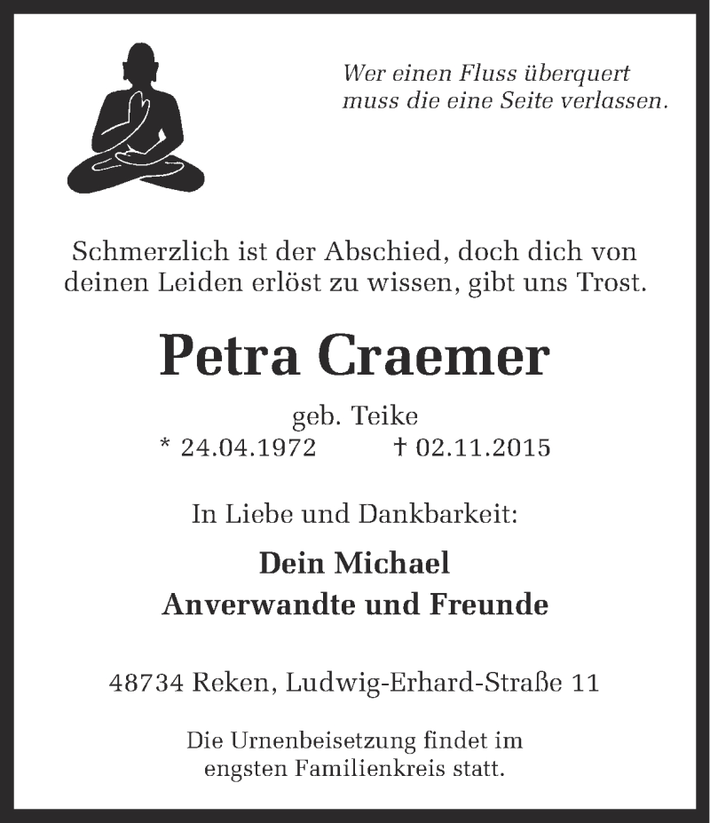  Traueranzeige für Petra Craemer vom 07.11.2015 aus Ruhr Nachrichten