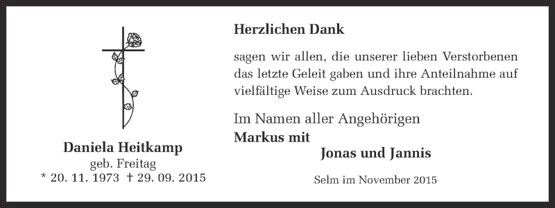  Traueranzeige für Daniela Heitkamp vom 14.11.2015 aus Ruhr Nachrichten
