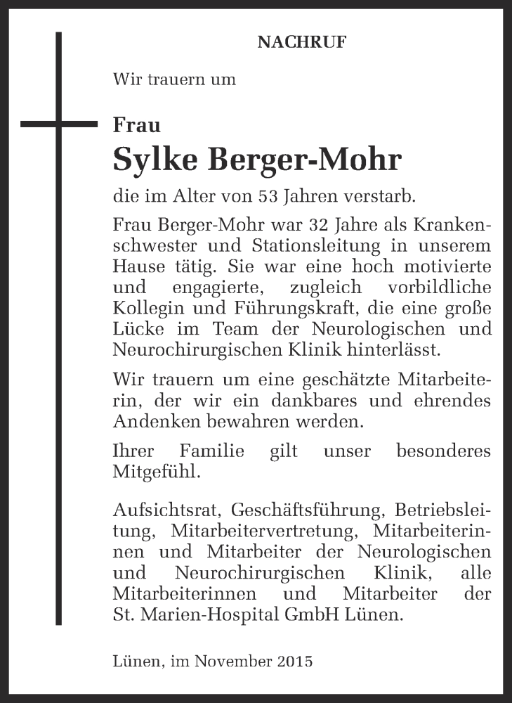  Traueranzeige für Sylke Berger-Mohr vom 07.11.2015 aus Ruhr Nachrichten