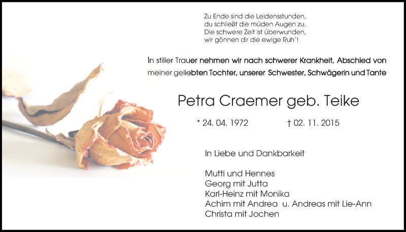  Traueranzeige für Petra Craemer vom 11.11.2015 aus Ruhr Nachrichten
