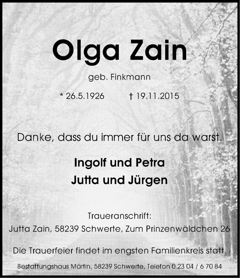  Traueranzeige für Olga Zain vom 23.11.2015 aus Ruhr Nachrichten