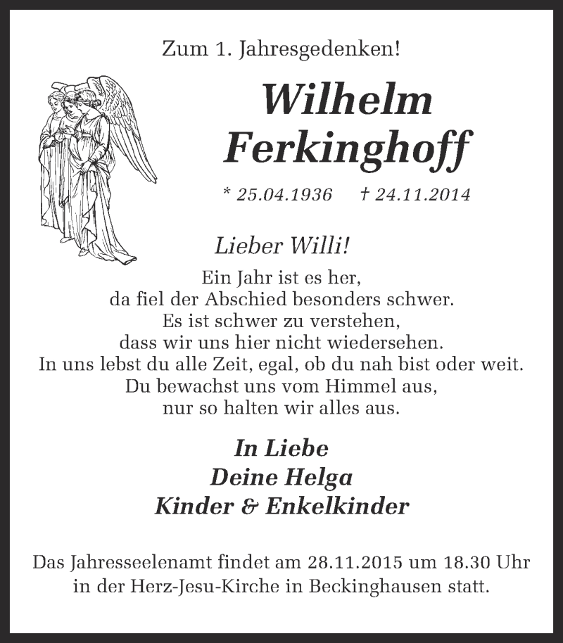  Traueranzeige für Wilhelm Ferkinghoff vom 24.11.2015 aus Ruhr Nachrichten