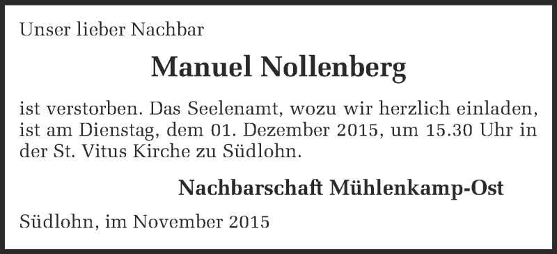  Traueranzeige für Manuel Nollenberg vom 30.11.2015 aus Münstersche Zeitung und Münsterland Zeitung
