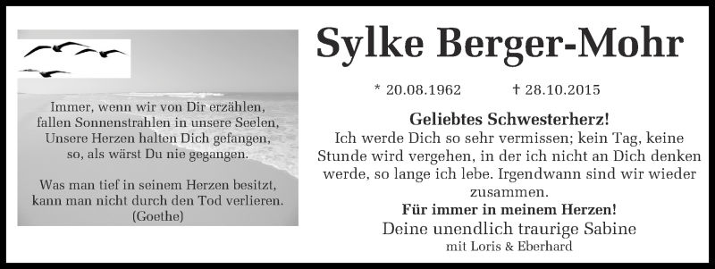  Traueranzeige für Sylke Berger-Mohr vom 04.11.2015 aus Ruhr Nachrichten