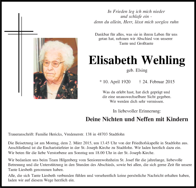  Traueranzeige für Elisabeth Wehling vom 27.02.2015 aus Münstersche Zeitung und Münsterland Zeitung