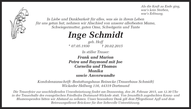  Traueranzeige für Inge Schmidt vom 21.02.2015 aus Ruhr Nachrichten