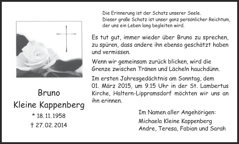  Traueranzeige für Bruno Kleine Kappenberg vom 25.02.2015 aus Ruhr Nachrichten und Halterner Zeitung