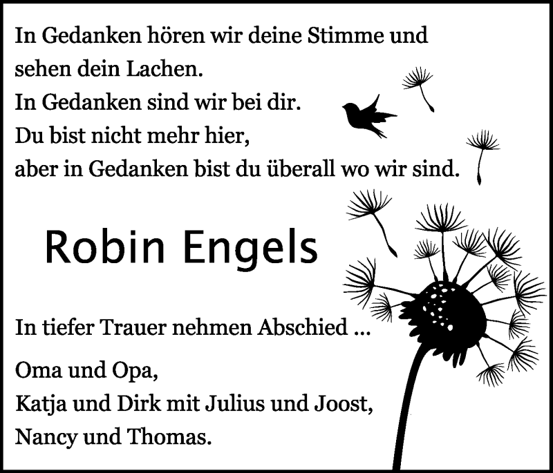  Traueranzeige für Robin Engels vom 06.02.2015 aus Ruhr Nachrichten