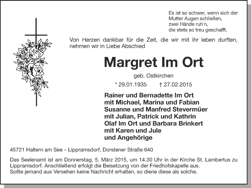  Traueranzeige für Margret Im Ort vom 02.03.2015 aus Ruhr Nachrichten und Halterner Zeitung