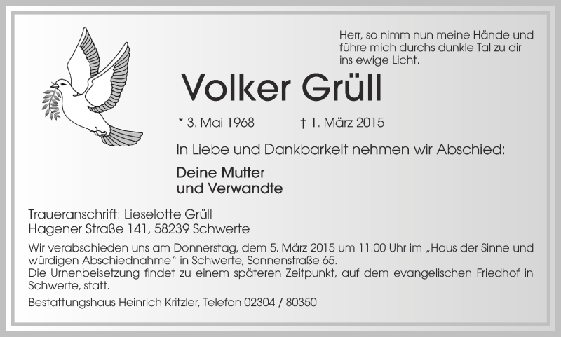  Traueranzeige für Volker Grüll vom 03.03.2015 aus Ruhr Nachrichten