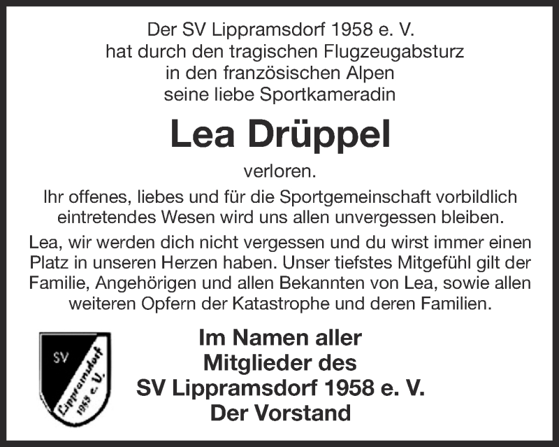  Traueranzeige für Lea Drüppel vom 28.03.2015 aus 