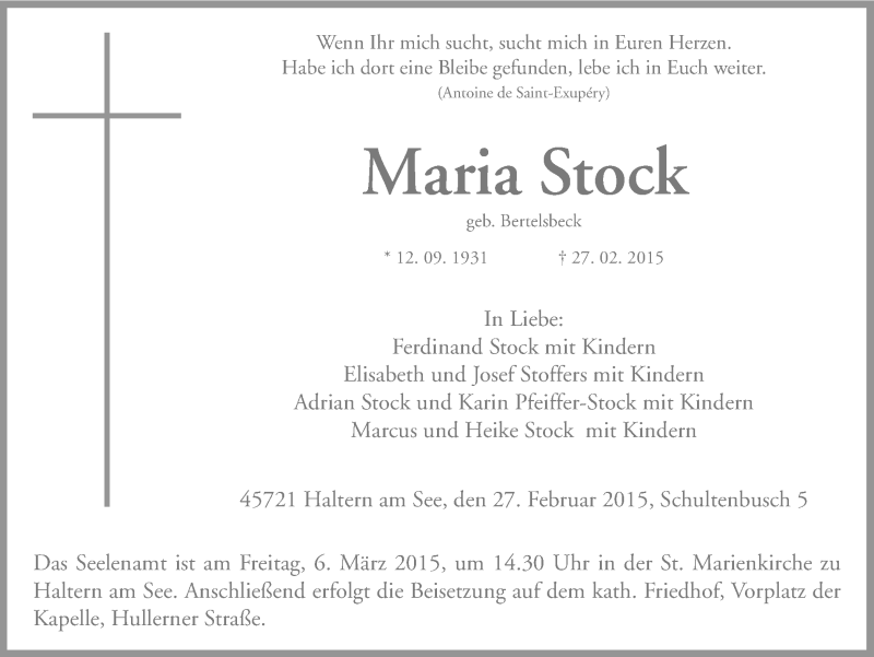  Traueranzeige für Maria Stock vom 03.03.2015 aus Ruhr Nachrichten und Halterner Zeitung