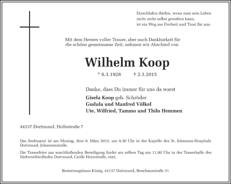  Traueranzeige für Wilhelm Koop vom 04.03.2015 aus Ruhr Nachrichten