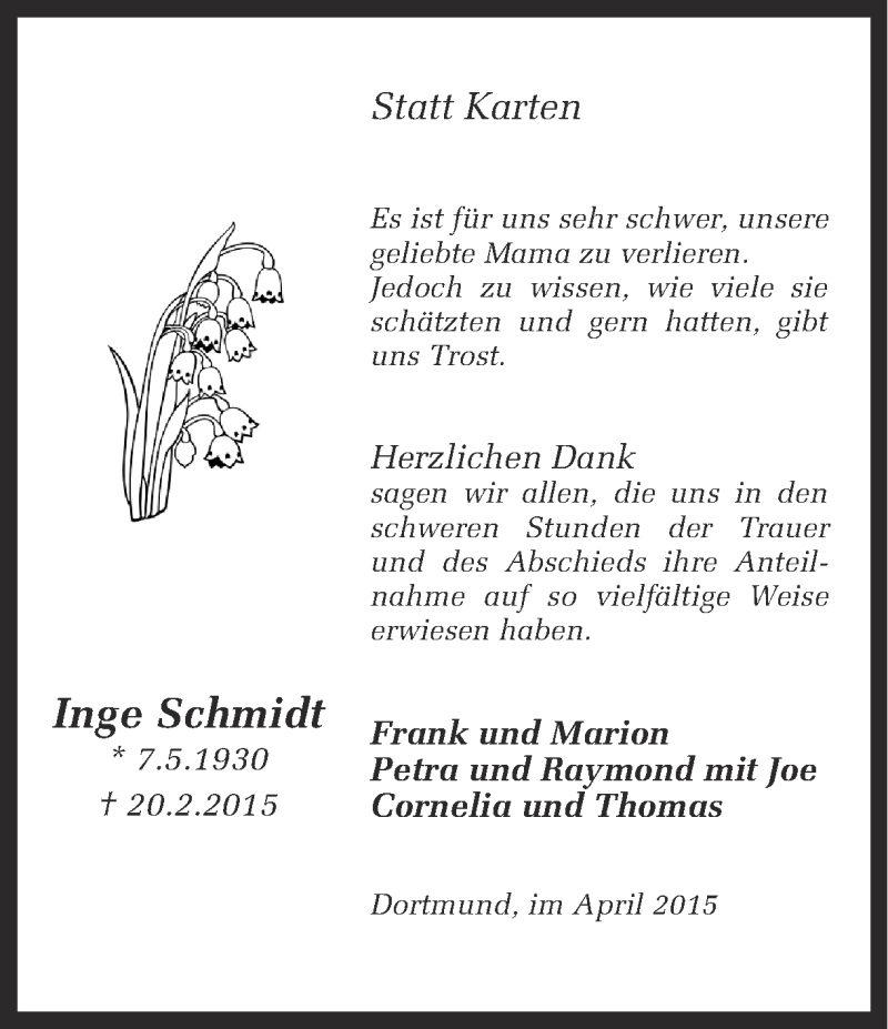  Traueranzeige für Inge Schmidt vom 01.04.2015 aus Ruhr Nachrichten