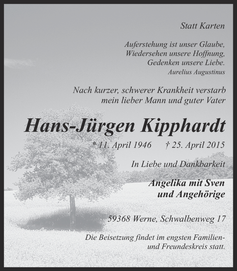  Traueranzeige für Hans-Jürgen Kipphardt vom 28.04.2015 aus Ruhr Nachrichten