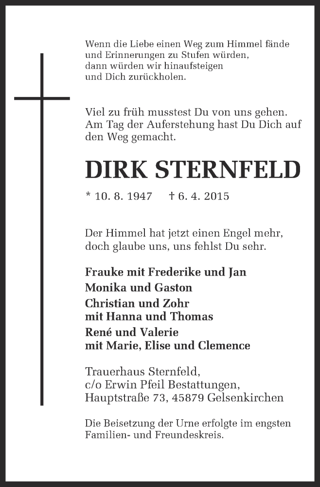  Traueranzeige für Dirk Sternfeld vom 20.04.2015 aus Ruhr Nachrichten und Halterner Zeitung