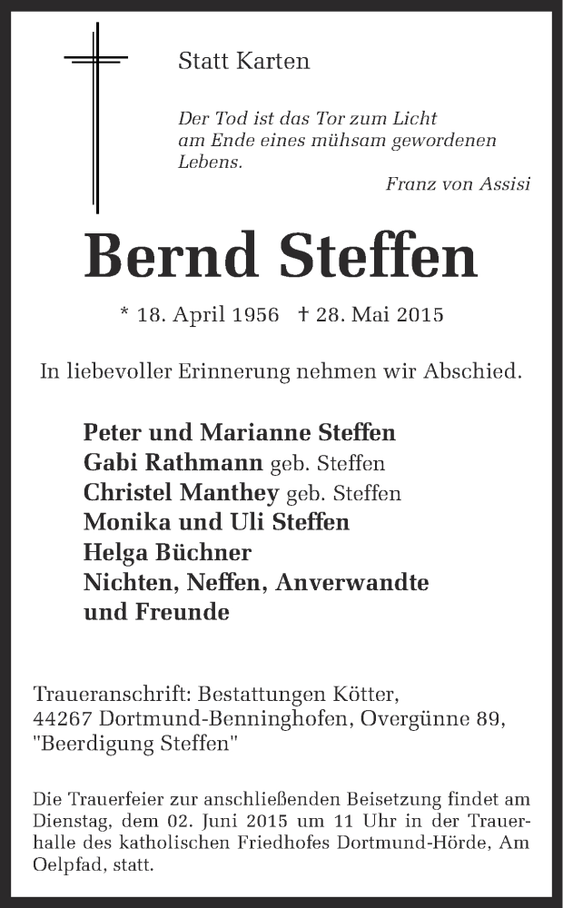 Traueranzeige für Bernd Steffen vom 29.05.2015 aus Ruhr Nachrichten