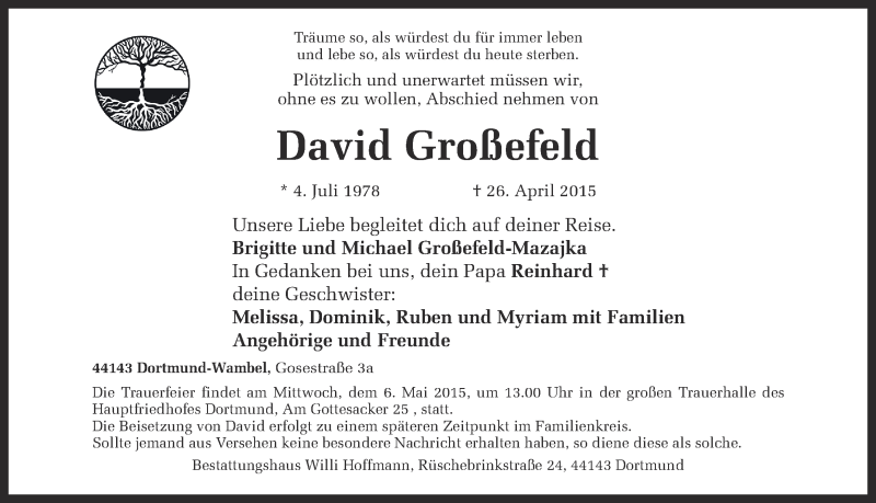  Traueranzeige für David Großefeld vom 02.05.2015 aus Ruhr Nachrichten