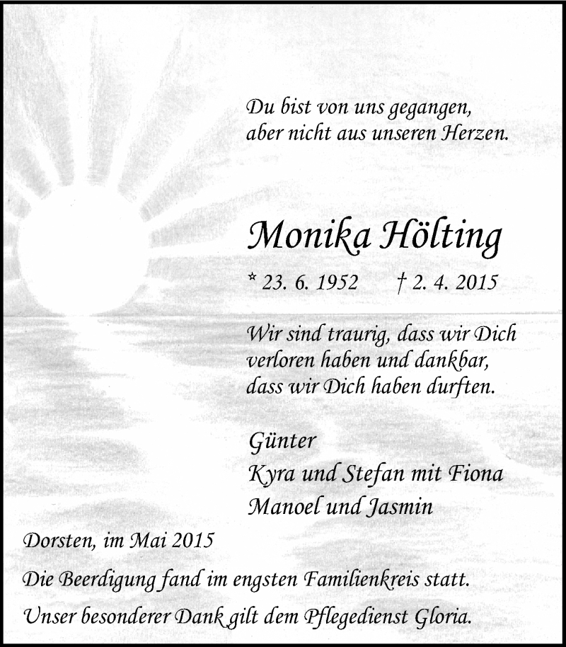  Traueranzeige für Monika Hölting vom 23.05.2015 aus Ruhr Nachrichten und Dorstener Zeitung