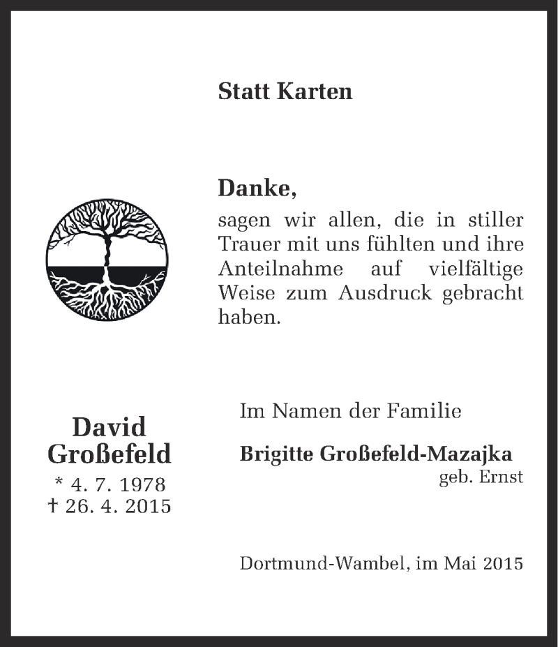  Traueranzeige für David Großefeld vom 23.05.2015 aus Ruhr Nachrichten