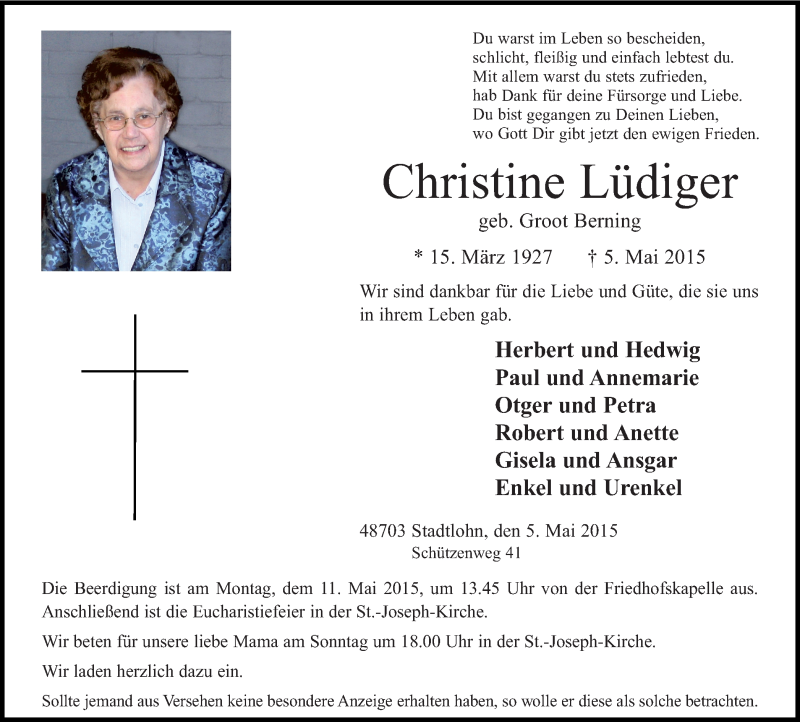 Traueranzeige für Christine Lüdiger vom 07.05.2015 aus Münstersche Zeitung und Münsterland Zeitung
