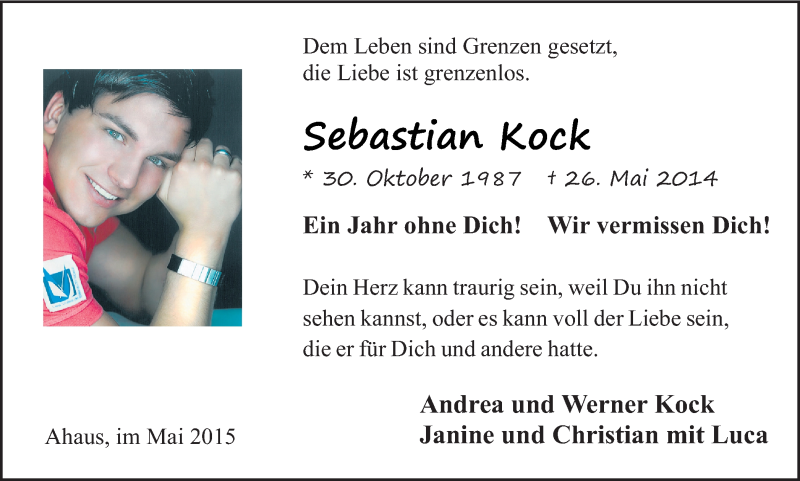  Traueranzeige für Sebastian Kock vom 26.05.2015 aus Münstersche Zeitung und Münsterland Zeitung