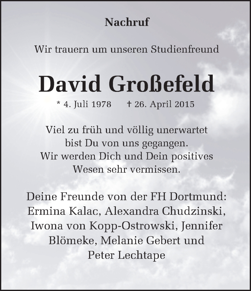  Traueranzeige für David Großefeld vom 06.05.2015 aus Ruhr Nachrichten