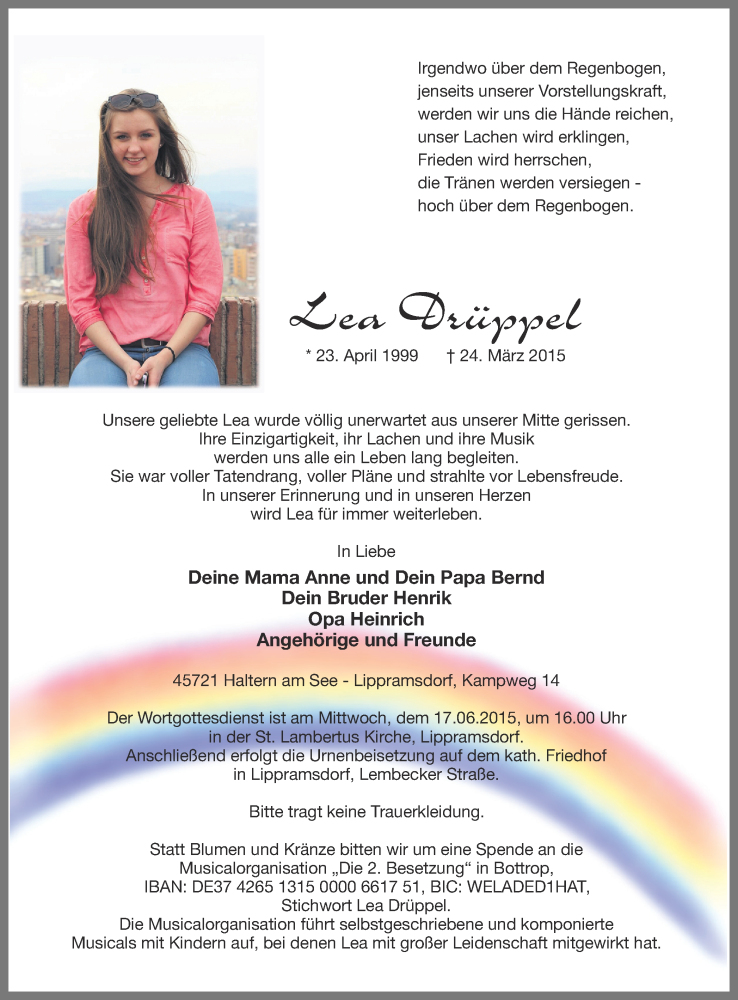  Traueranzeige für Lea Drüppel vom 12.06.2015 aus Ruhr Nachrichten und Halterner Zeitung