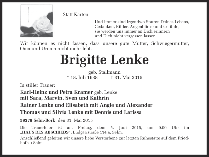  Traueranzeige für Brigitte Lenke vom 02.06.2015 aus Ruhr Nachrichten