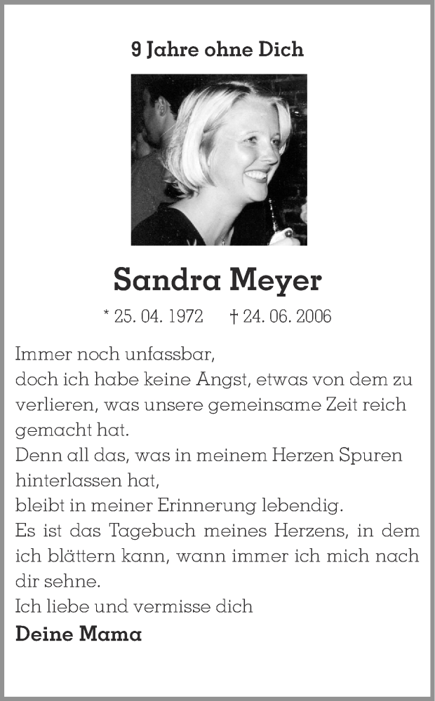  Traueranzeige für Sandra Meyer vom 24.06.2015 aus Ruhr Nachrichten
