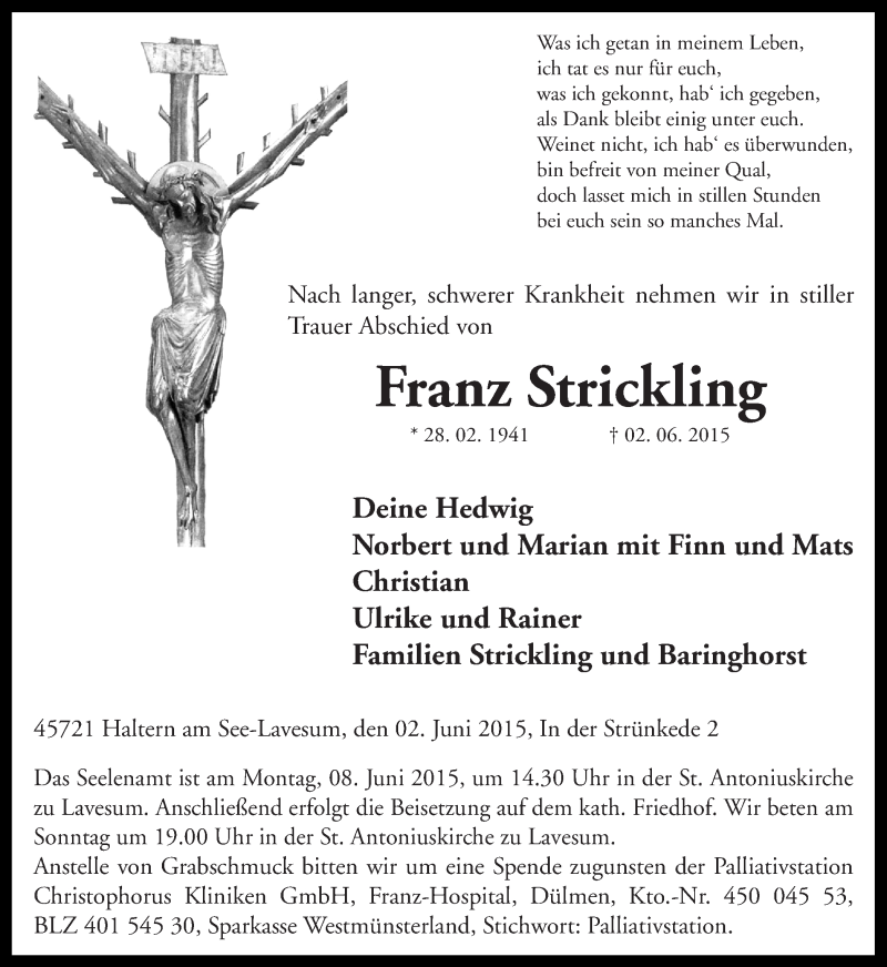  Traueranzeige für Franz Strickling vom 04.06.2015 aus Ruhr Nachrichten und Halterner Zeitung