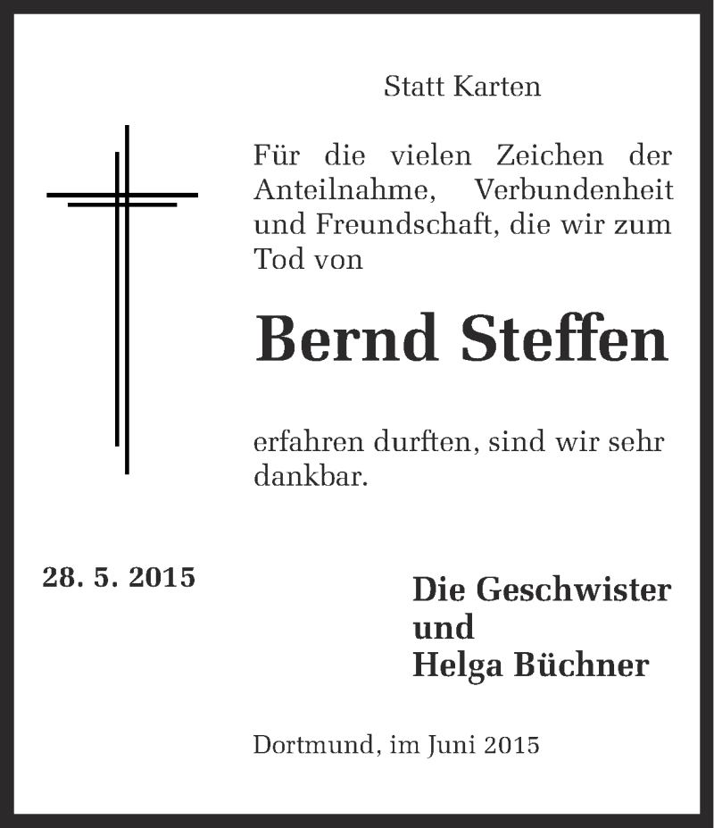  Traueranzeige für Bernd Steffen vom 27.06.2015 aus Ruhr Nachrichten