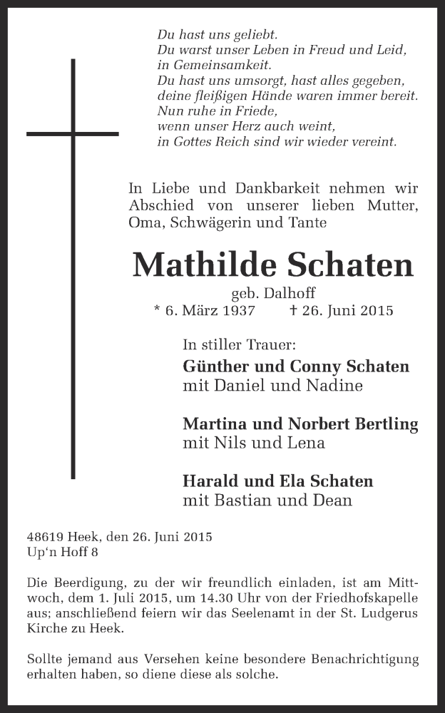  Traueranzeige für Mathilde Schaten vom 29.06.2015 aus Münstersche Zeitung und Münsterland Zeitung