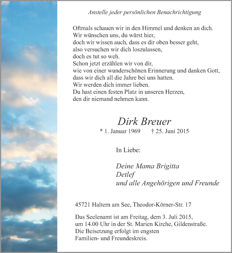 Traueranzeige für Dirk Breuer vom 01.07.2015 aus Ruhr Nachrichten und Halterner Zeitung