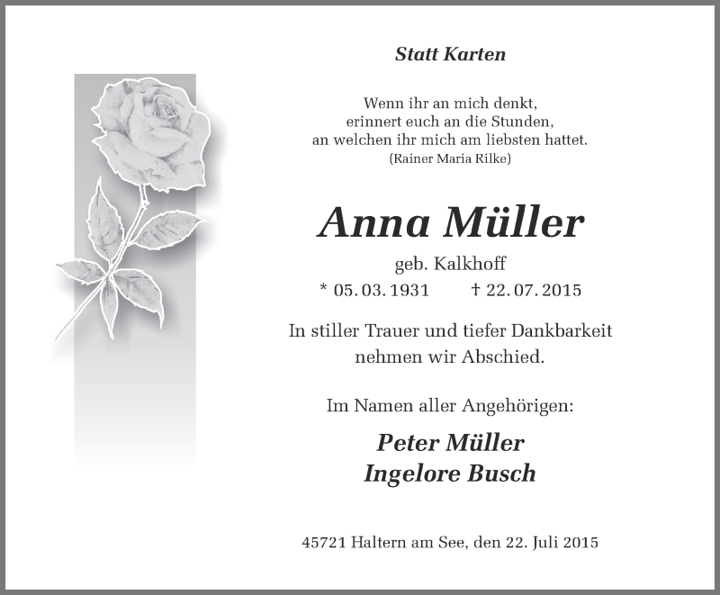  Traueranzeige für Anna Müller vom 29.07.2015 aus Ruhr Nachrichten und Halterner Zeitung